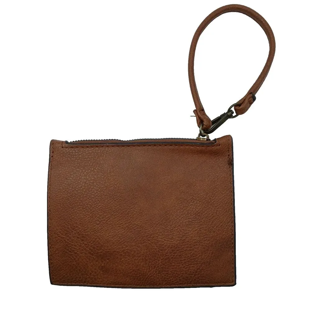 Darcy Marks London Wristlet Wallet Dark Brown Faux Leather Zip Top Thin Profile